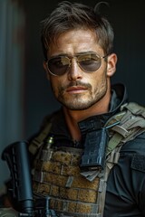 Obraz premium Muscular tactical man with short dark hair, wearing a black tactical vest and sunglasses. He is holding a gun and stands against a dark background