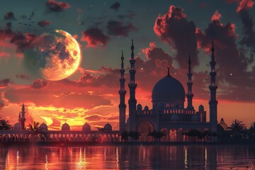 Fototapeta premium Mosque at Sunset with a Full Moon