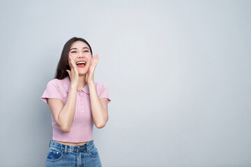 Model asian woman is emotional happy and excited to receive the prize.