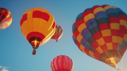 Obraz premium Albuquerque Balloon Festival, hot air balloons floating in the clear sky, capturing the excitement and color of the event