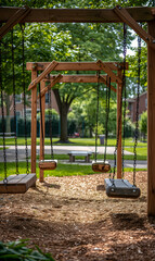 Serene Morning at the Playground with Sunlight Filtering Through Trees