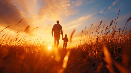 Fototapeta premium Silhouettes of Father and Children at Sunset in Field