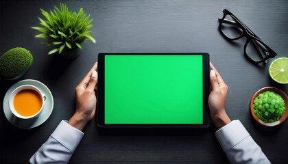 Top view of businessman using digital tablet with green screen on black table.