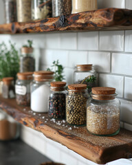 Assortment of Organic Grains and Seasonings in Glass Jars on Wooden Shelf