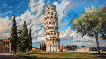 classic traditional renaissance oil painting illustration of leaning Tower of Pisa