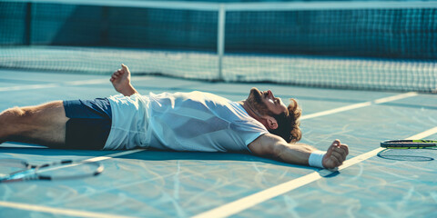 A tennis player lies exhausted on the court after a hard-fought victory.