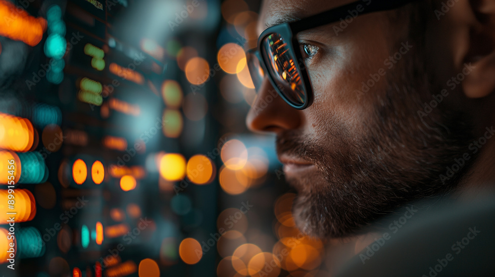 Poster focused man analyzing data on computer screen surrounded by colorful lights