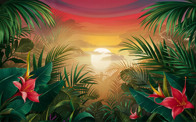 Vibrant Tropical Palm Leaves on Colorful Background - Exotic Nature Art. Generative Ai