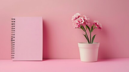Fototapeta premium Empty space copy book on spiral with flower pot on color background