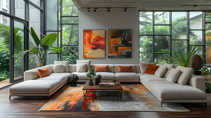 Modern Sectional Sofa With Orange Pillows and Abstract Rug in a Living Room with Large Windows - 3D Illustration