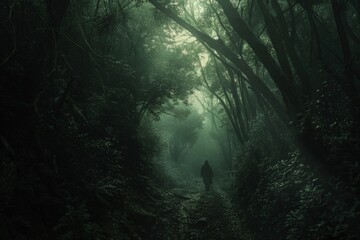 Obraz premium Silhouette of a Person Walking Through a Foggy Forest.