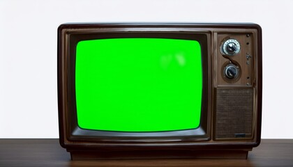 Old, vintage television with chroma key green screen. Wooden old fashioned TV.