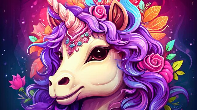 Colorful unicorn portrait with flowers and mystical background