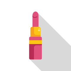 Pink lipstick with golden elements casting long shadow on white background, minimalist flat design of beauty product