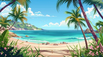 Tropical Beach Paradise: Palm Trees, White Sand, and Crystal Clear Ocean