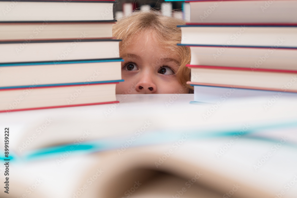 Poster knowledge day. child reading book in a book store or school library.