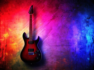 Electric guitar silhouette against a vibrant purple and red gradient background with distressed texture, perfect for music festival or concert promotional materials.