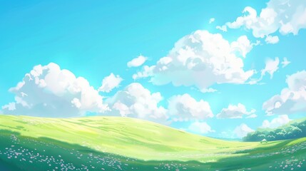 Obraz premium Bright, colorful hill with rounded edges and faint grass, light blue sky, white clouds, in a cute anime style with 3D matte texture