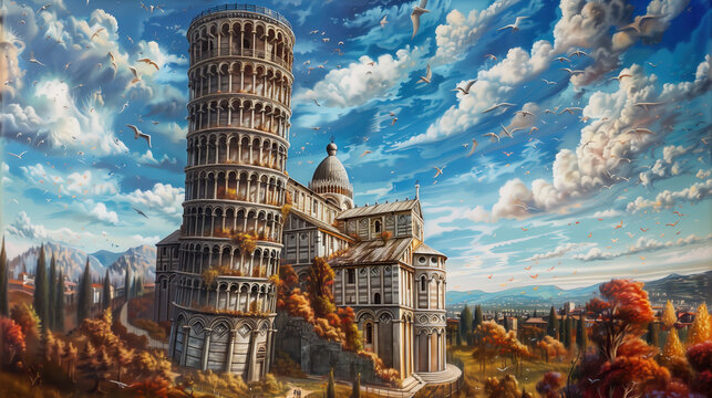 Naklejki classic traditional renaissance oil painting illustration of leaning Tower of Pisa