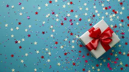Gift box with a red bow on a blue background with multicolored stars of confetti