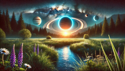 A  serene meadow with vivid, glowing planets in the night sky