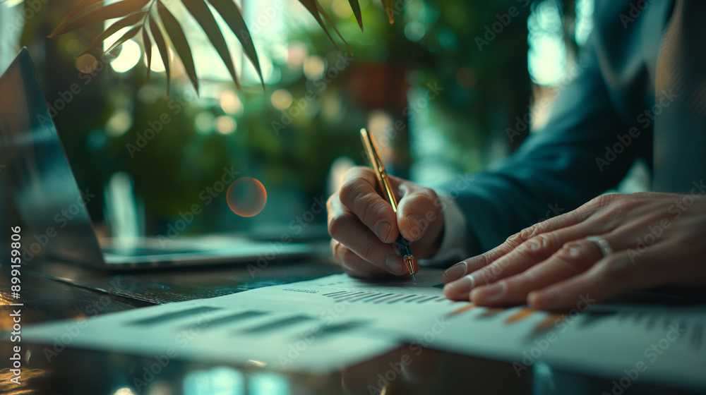 Poster business professional analyzing reports while taking notes in modern office space during afternoon