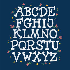 Hand-drawn alphabet letters with decorative elements on a dark blue background. Lettering and floral elements for design and print. Poster, greeting card, invitation
