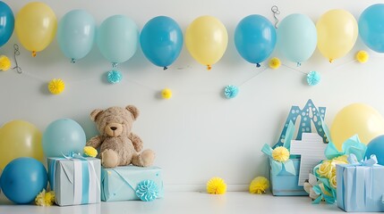 Obraz premium gifts toys balloons garland and number for little baby party event on a white wall background