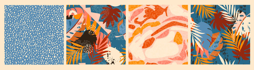 Trendy Collection of Floral Seamless Patterns with Tropical Leaves, Dots Texture. Abstract Botanical Design for Prints, Paper, Fabric, Cover, Surface, Interior Décor, Textile. Vector Illustration