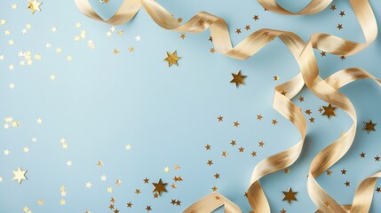 Gold ribbons and stars on a light blue background