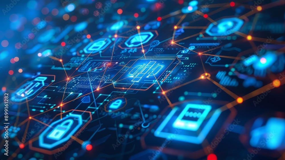 Poster abstract digital network with glowing icons and lines