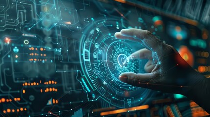 Hand Interacting with a Futuristic Digital Interface