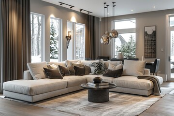Fototapeta premium Modern Living Room with Sectional Sofa and Large Windows