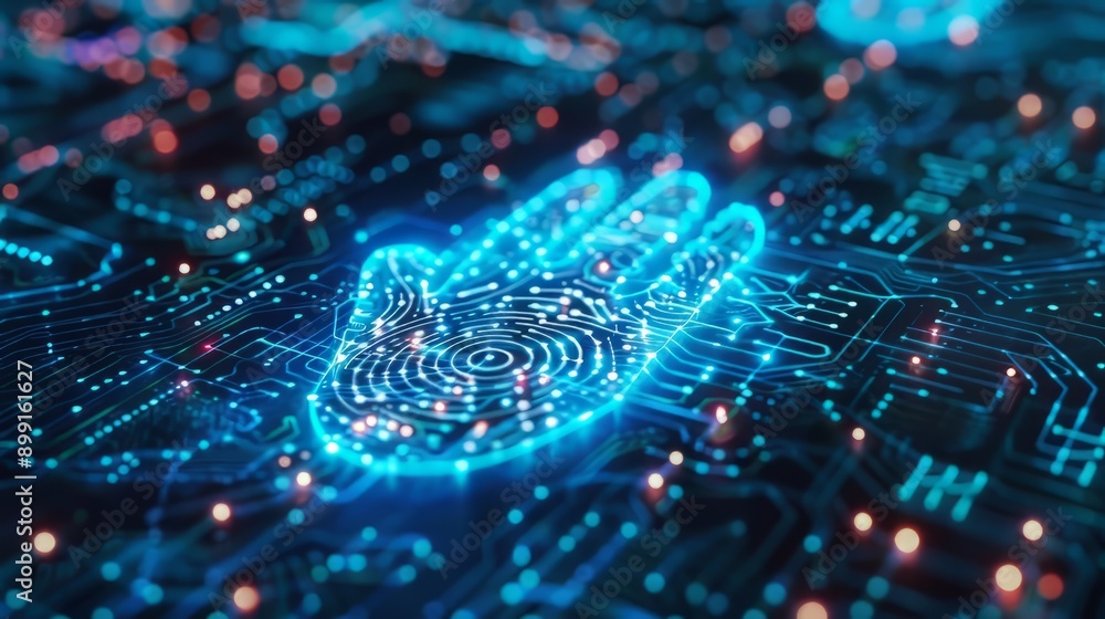 Poster digital fingerprint on circuit board with glowing lines