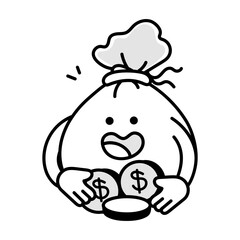 A doodle style mascot of happy money sack 

