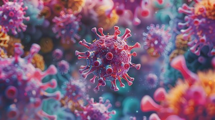 Obraz premium Colorful and vivid depiction of a virus, representing microscopic life in a dynamic, abstract style.