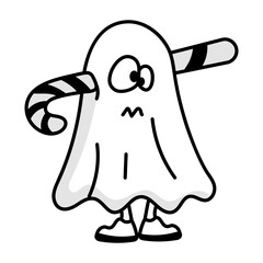 Funny ghost head stuck with candy cane, doodle icon 


