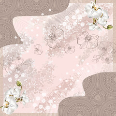 Cream Scarf with Orchid Flower Design