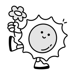 A cartoon style icon of cute sun offering flower 

