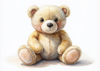 Adorable watercolor soft toy bear sitting alone on a clean white isolated background with subtle shadows and gentle color palette.