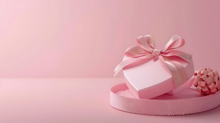 Heart shaped gift box with pink bow on a pink background