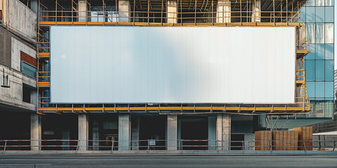 Blank white banner for advertisement on a fence of a building under construction