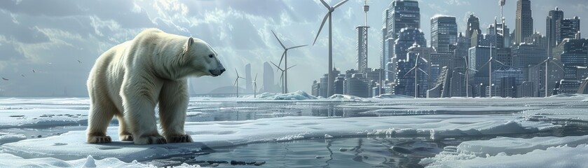 Fototapeta premium Polar bears on melting ice, staring at a distant, technologically advanced city with wind turbines and solar panels, juxtaposition of nature and technology, photorealistic style, cold tones