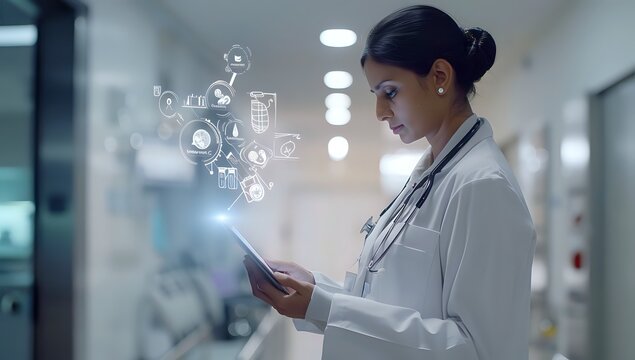 Doctor Reviews Digital Medical Records: Healthcare Technology