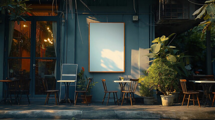 paper poster mockup displayed outside a building restaurant. 