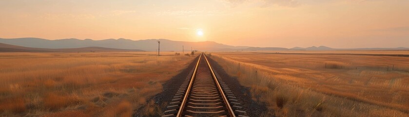 Obraz premium Railroad tracks leading to the horizon at sunrise with fields and mountains in the background, showcasing a serene rural landscape.