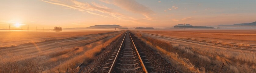Fototapeta premium Railroad tracks extending into the distance through golden wheat fields at sunrise, creating a warm and serene landscape.