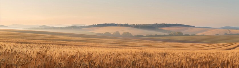 Obraz premium Golden wheat fields with rolling hills in the background, illuminated by soft morning light, creating a serene rural landscape.