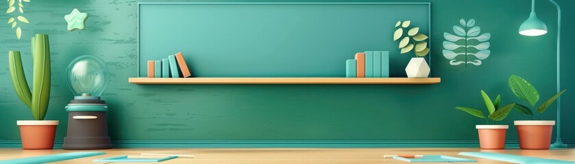 Stylish modern interior with a green wall, shelf, books, and decorative plants creating a vibrant atmosphere.