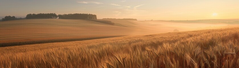 Obraz premium Rolling wheat fields at sunrise bathed in soft light and mist, with trees and distant hills under a colorful sky.